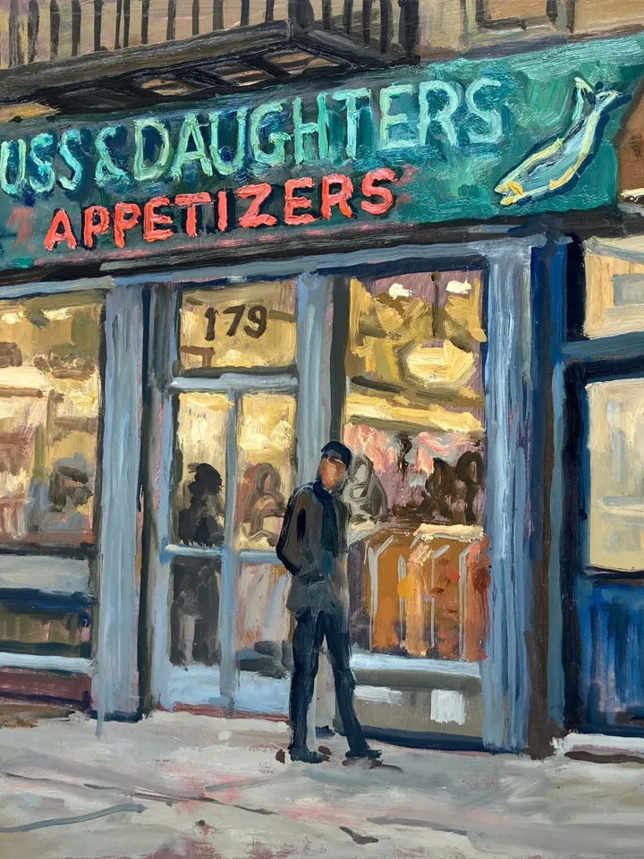 New York Cityscape Painting - Russ and Daughters/NYC Rain- 12x16 Oil on Panel, Impressionist Landscape Street Scene, Signed Original