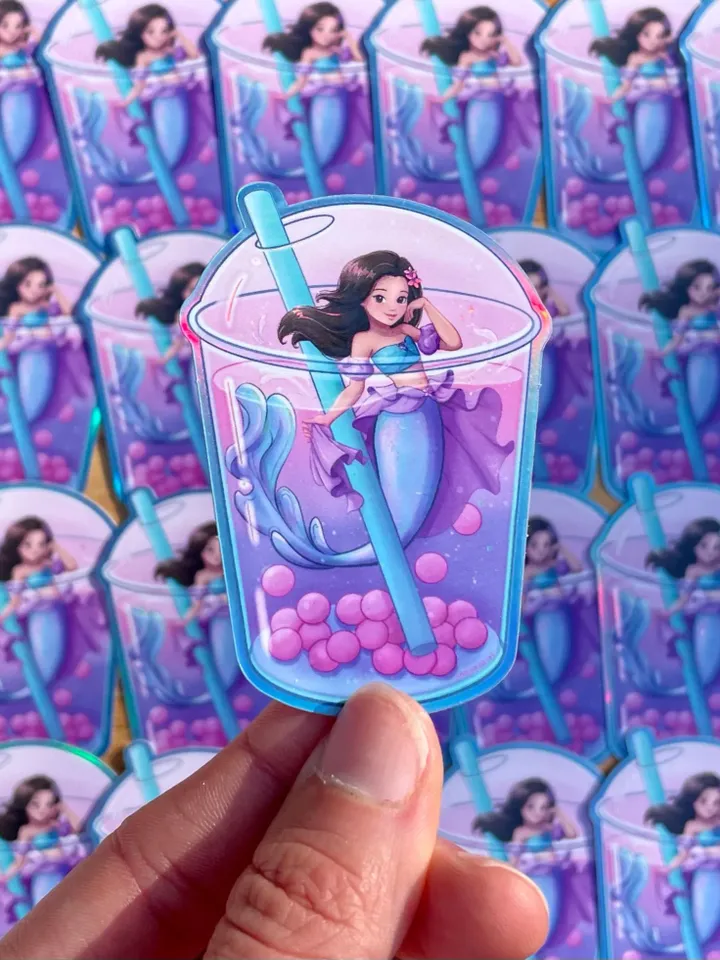 Kawaii Boba Tea Mermaid Princess Holographic Sticker | Hydroflask Sticker | Laptop Sticker | Phone Sticker | Small Gift | Kids Gift |Glitter