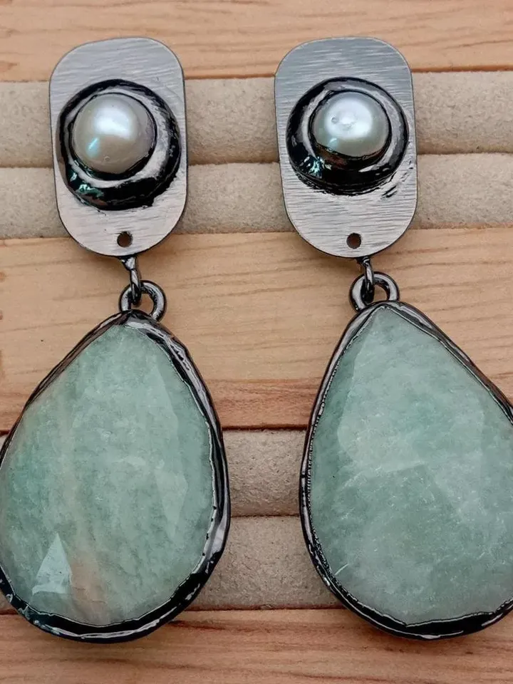 Green Gemstone Pearl Earrings, Amazonite Earrings, Teardrop Earrings, Amazonite and Pearl Earrings, Green Teardrop Earrings, Boho Jewellery