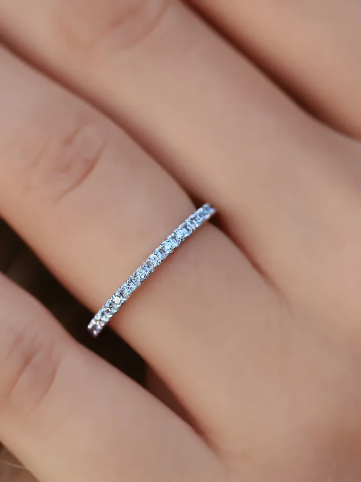 WOMEN ETERNITY RING | Micro Pave Simulated Diamonds Wedding Ring Band | Eternity 14k White Gold Stacking Ring | Natural Diamond Ring