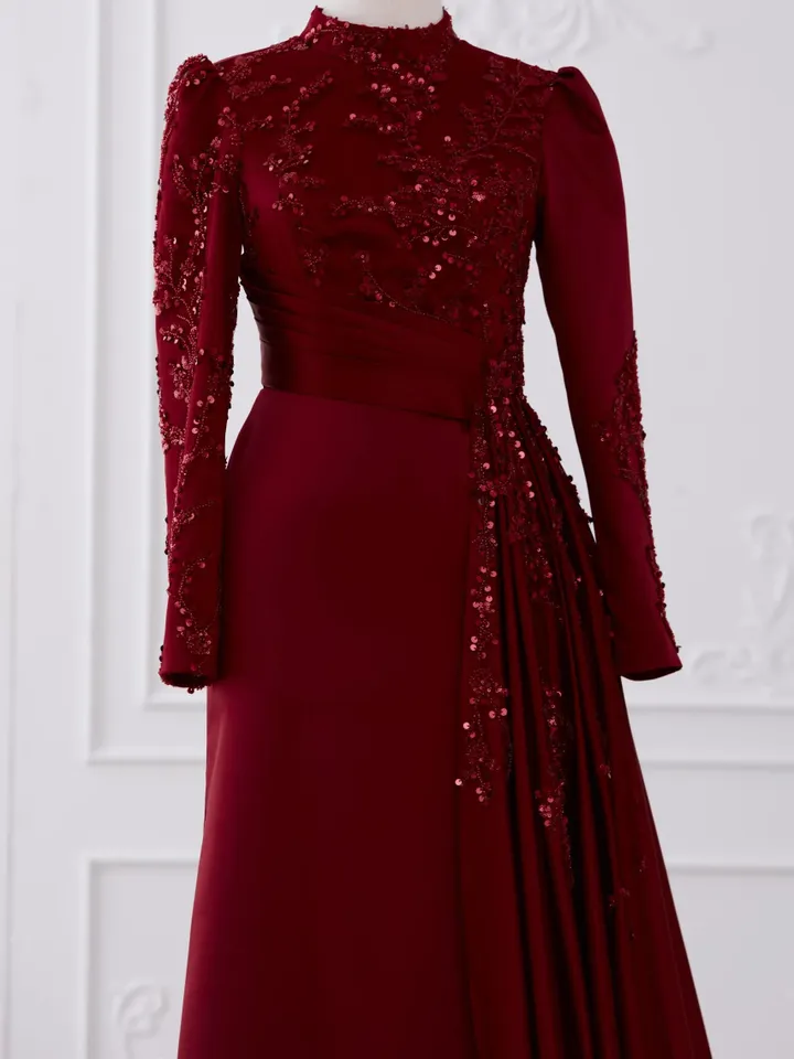 Tılsım Ahunare Burgundy Satin Wedding Dress, Muslim Evening Gown, Nikah, Islamic Wedding, Engagement, Bridesmaid, Maxi Dress
