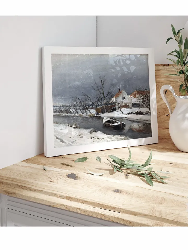Winter Landscape With Canal Houses, Country Farmhouse Holiday Printable Decor, Digital Download | 354