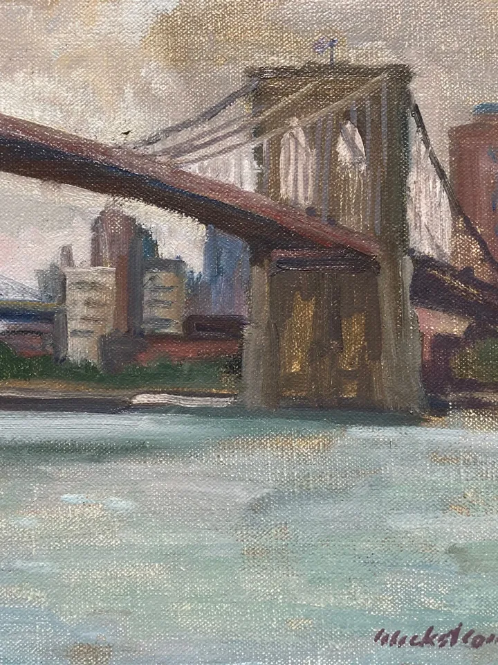 Large Original New York Cityscape Painting - Brooklyn Bridge/NYC - 14x24 Oil on Linen, Impressionist Fine Art, Signed Plein Air Landscape