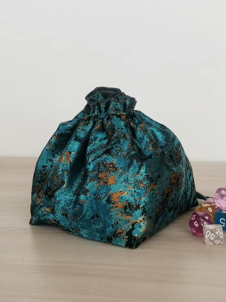 Large dice bag with pockets for 150-200 dice Dark teal and gold jacquard