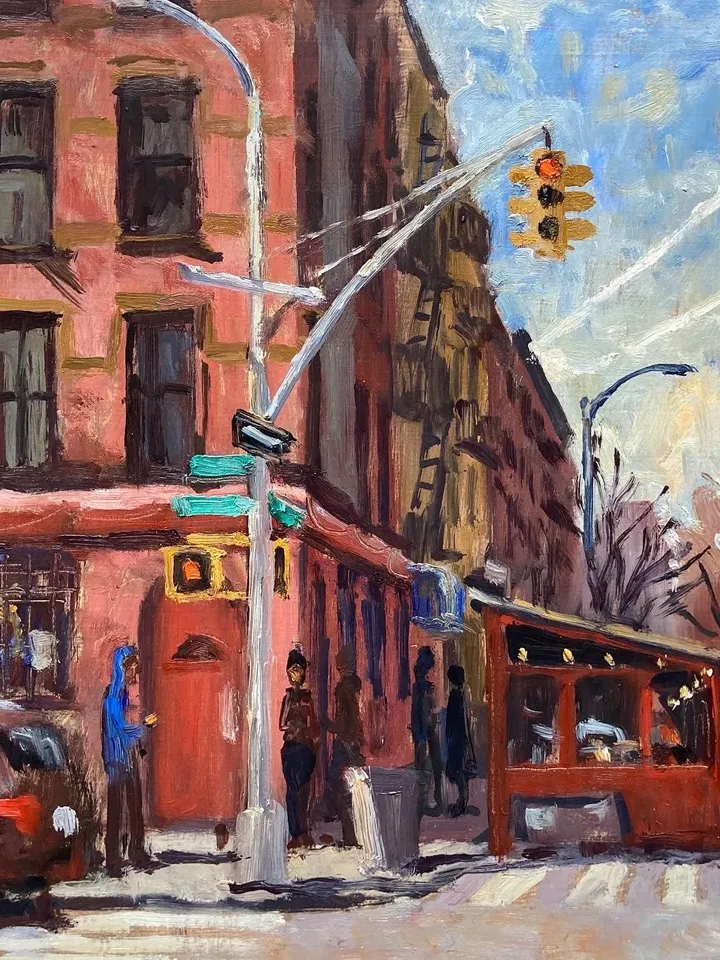 Original NYC Cityscape Painting - Vazac Avenue B/Tompkins Sq Park/East Village NYC - 10x10 Oil on Panel, New York Urban Impressionism