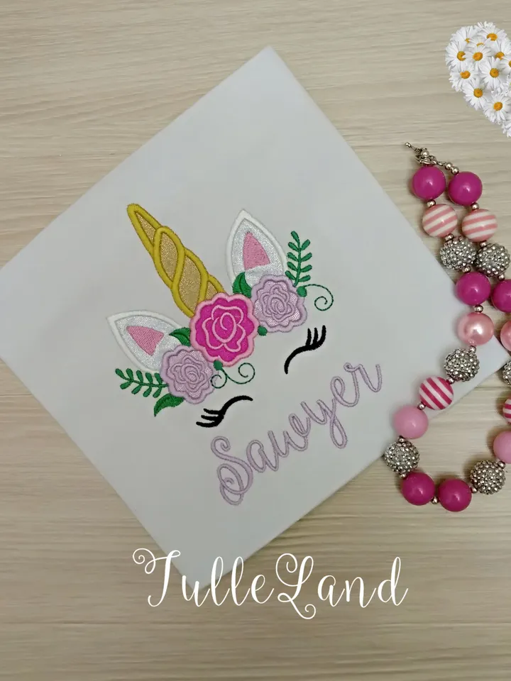 Cute Unicorn Face with flowers Floral Unicorn Design Applique for Machine Embroidery