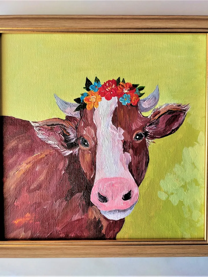 Cow painting Animal painting wall decor Cow flower crown original painting artwork Cute cow portrait impasto painting