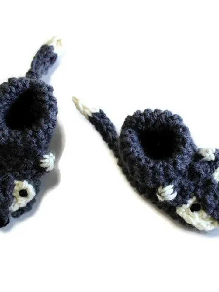 Knit Gray Fox Baby Shoes with Faces and Tail, Great Stocking Stuffers for Baby's First Christmas, Baby Socks, Woodland Baby Shower Gift Idea