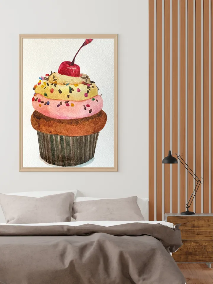 Cupcake painting - Hand made decorative,original watercolor painting,wall art
