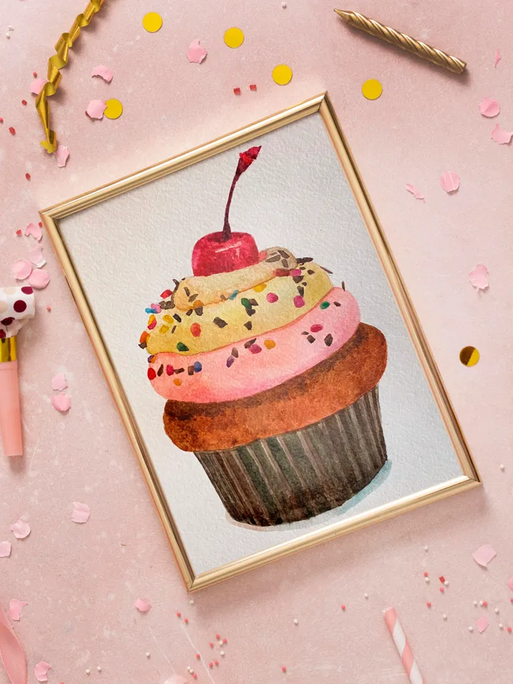 Cupcake painting - Hand made decorative,original watercolor painting,wall art