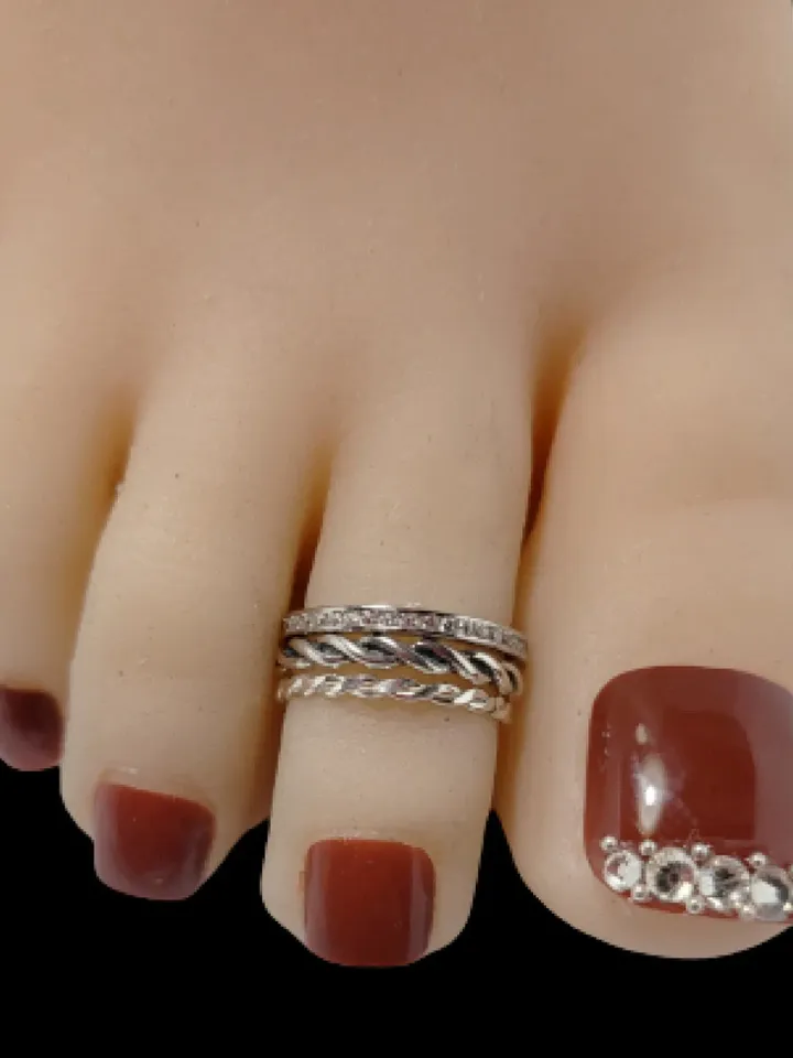 Sterling silver Toe Ring Set, Stacked toe rings, 3 pieces for Women, clear crystal toe ring, Braid Toe Ring, Eternity ring, Braid twist