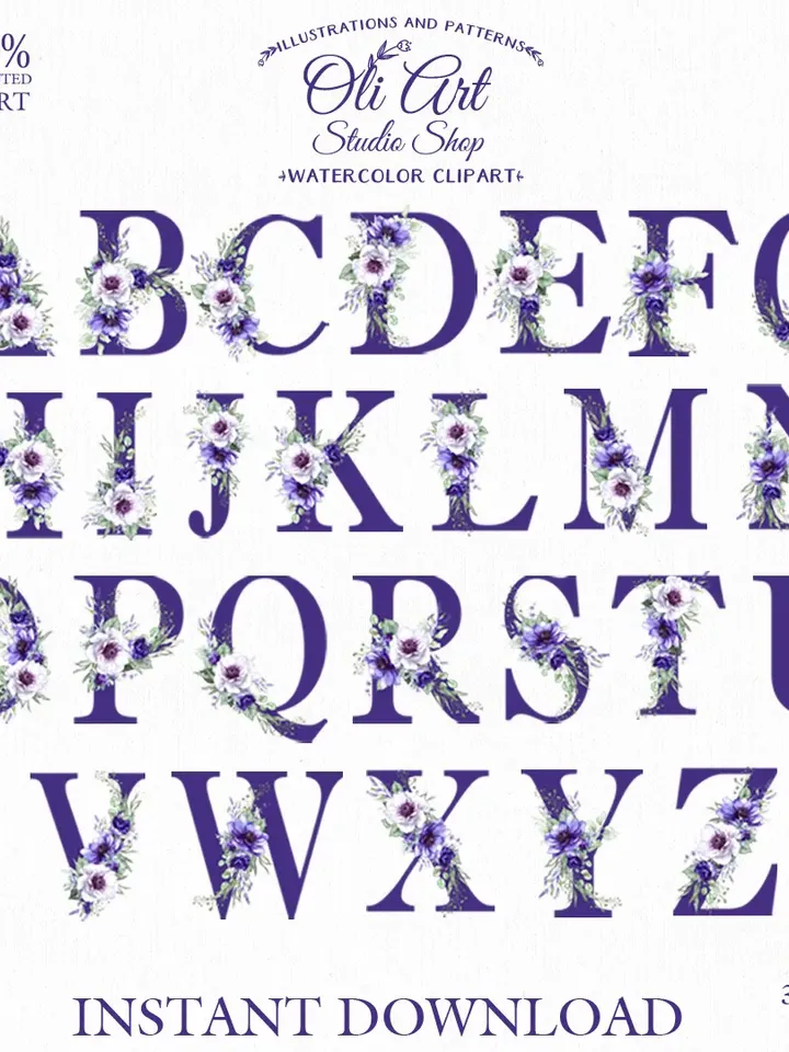 Alphabet. Anemone Flowers. Letters, Numbers. Hand Drawn graphics. Digital Download. OliArtStudioShop