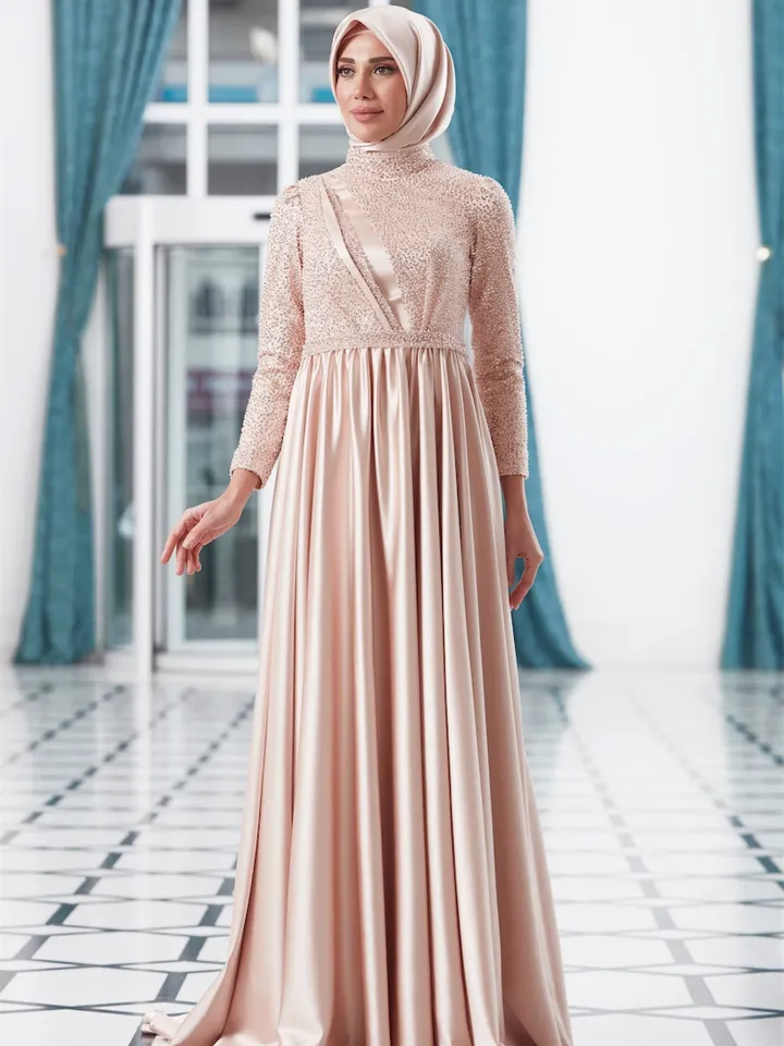 AHUNARE HIJAB - Berra Salmon Satin Wedding Dress, Muslim Evening Gown, Nikah, Islamic Wedding, Engagement, Bridesmaid,