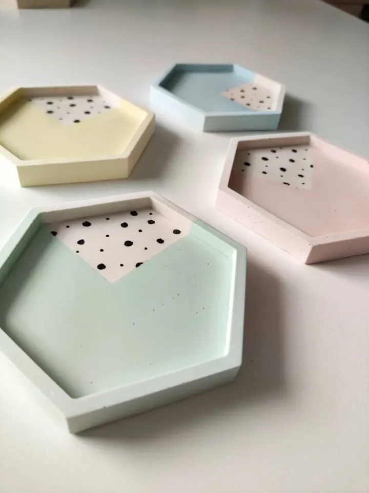 Jesmonite hexagonal trays / coasters in neutral colours with dots