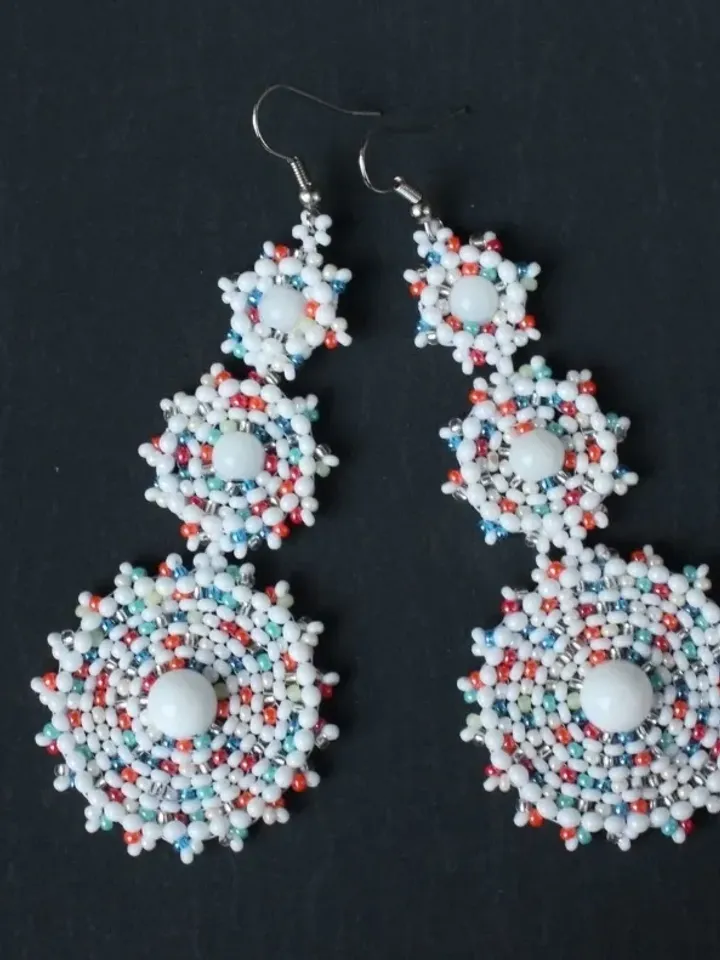 Long White Earrings Seed Bead Earrings Beaded Dangle Earrings Statement Boho