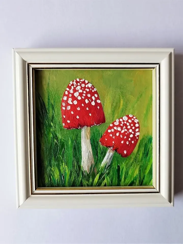 Mushroom art painting, Cute mushroom paintings, Toadstool picture, 2 mushrooms, Painting impasto