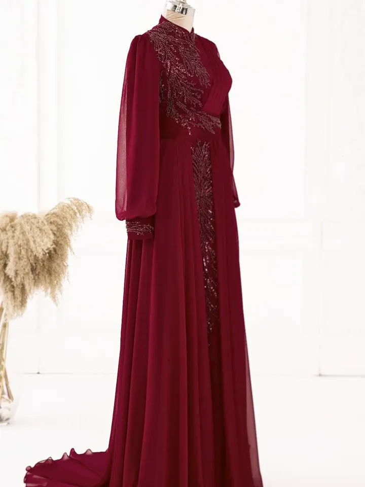 AHUNARE HIJAB - Eliz Burgundy Tulle Wedding Dress, Muslim Evening Gown, Nikah, Islamic Wedding, Engagement, Bridesmaid,