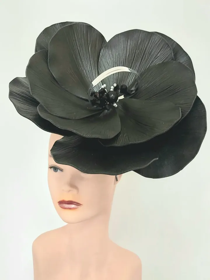 Giant anemone hat Black fascinator Derby headpiece Flower headband Church hat Flower hairpins Gothic style Halloween costume