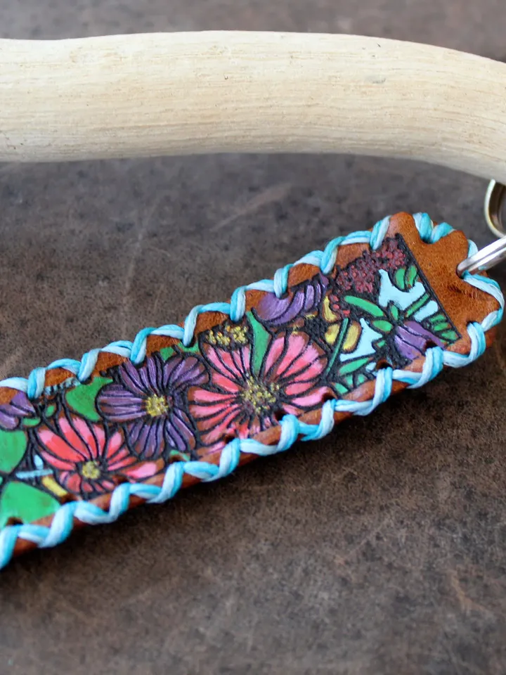 Blue Floral Keychain, Hand Painted Leather Keyfob, Hand Stitched Keyring, Small Gift, Party/Wedding Favor, Personalize/Custom Text Keychain