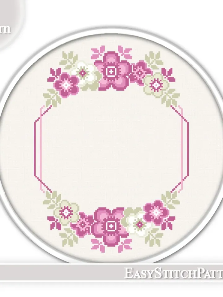 Modern cross stitch. Flower border cross stitch pattern. Wreath cross stitch pattern.
