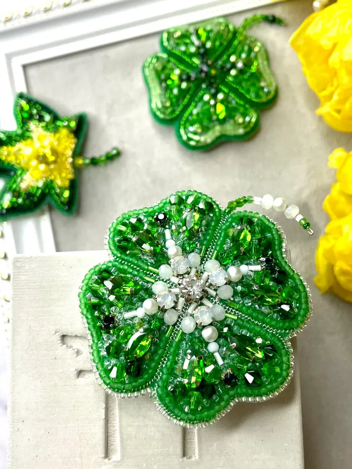 Clover Brooch, Beaded Jewelry, Handmade Embroidered Accessory, Light Green Shamrock Pin, Leaf Brooch, Handmade Brooch