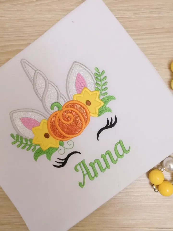 Unicorn  Halloween Pumpkin with Flowers Machine embroidery applique design