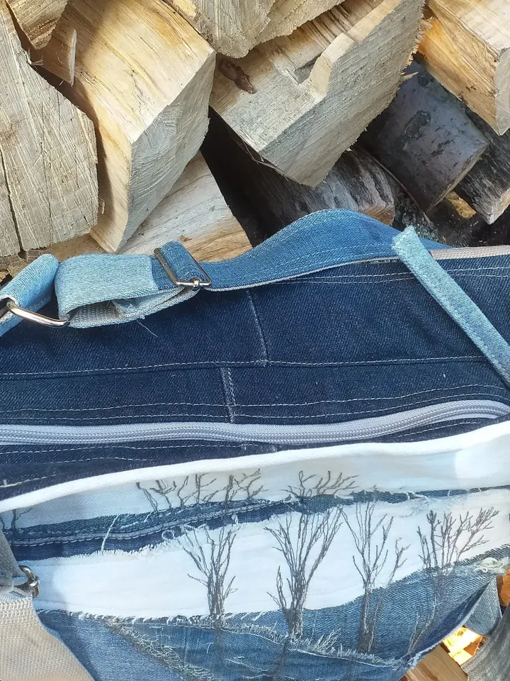 Blue denim ,jeans bag ,upcycling , Bag with winter landscape