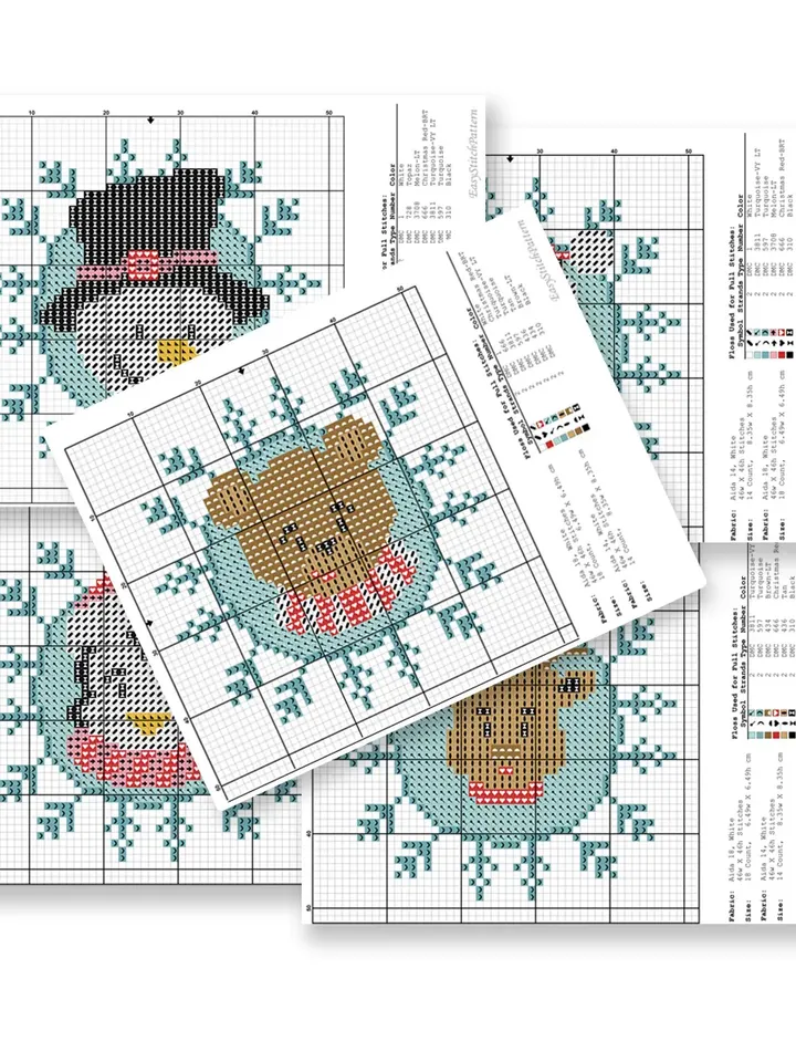 Christmas animals cross stitch pattern. Set of 5. Snowflake cross stitch. Christmas gift.