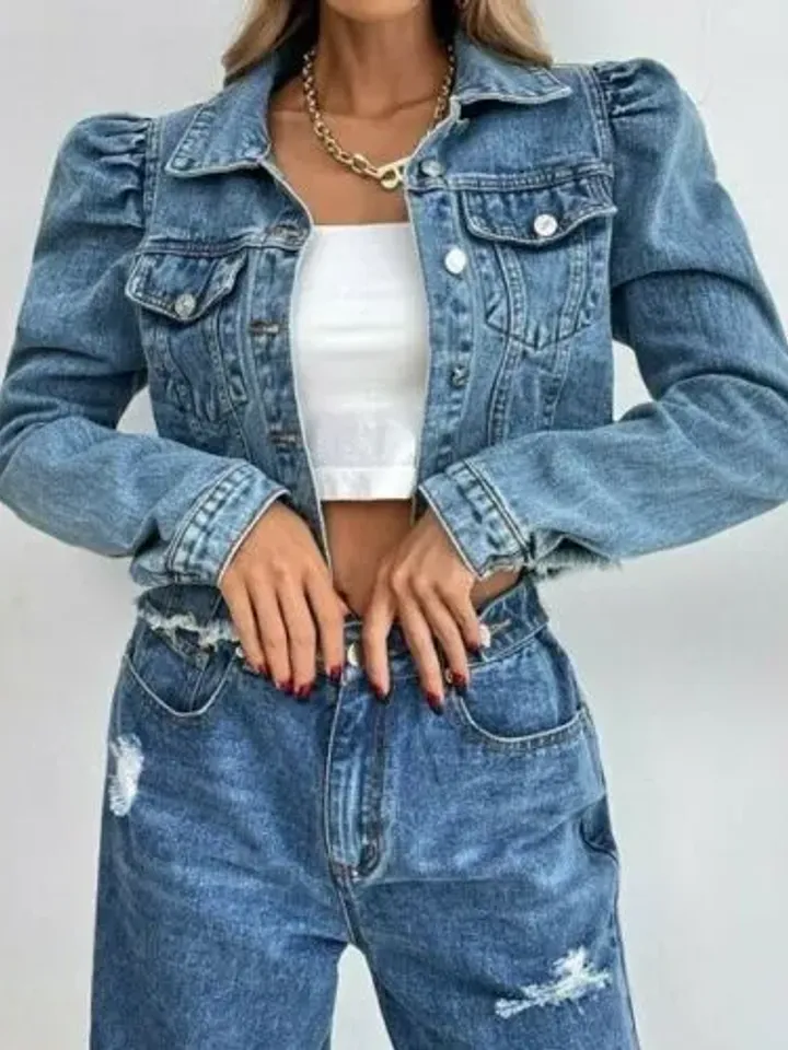 Women Ladies Puff Sleeve Raw Hem Pockets Button Front Crop Jean Denim Jacket
