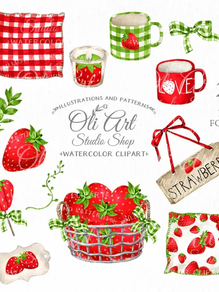 Strawberry, Decor Elements Clip Art. Summer Designs, Hand Drawn graphics. Digital Download. OliArtStudioShop