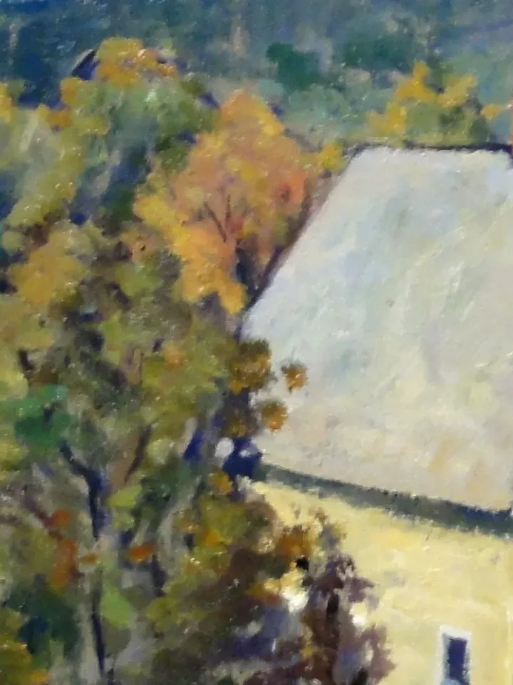 American Landscape Painting - Downhill/Autumn Houses - 14x20 Oil on Canvas, Realist Landscape, Signed Original Plein Air Impressionism