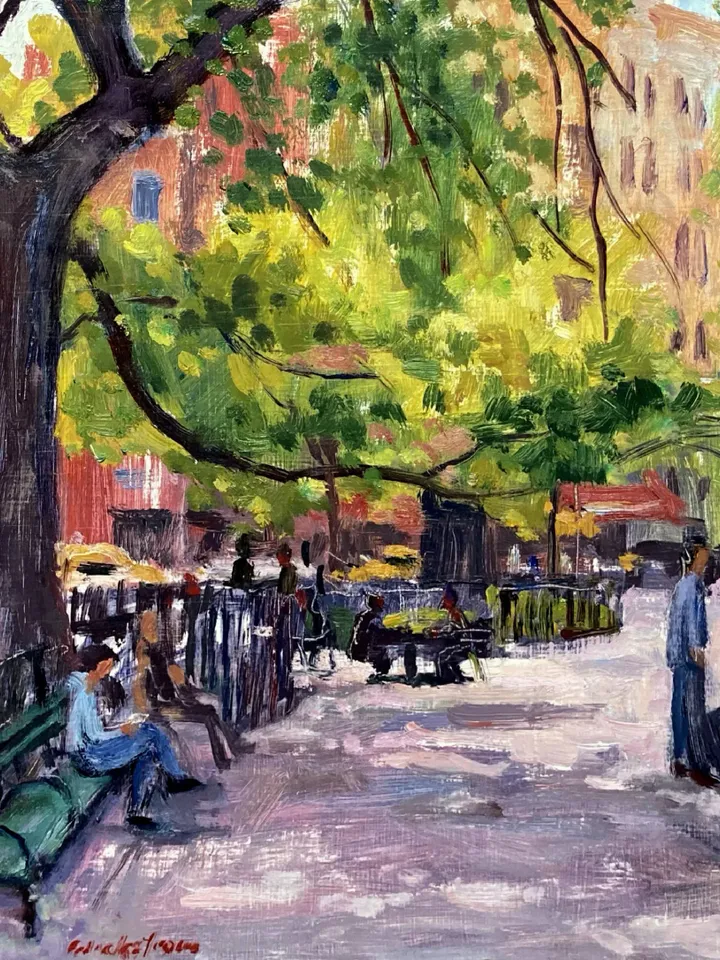 Original New York Cityscape Painting -Tompkins Square Park/East Village NYC - 10x10 Oil on Panel, Signed New York Impressionist Fine Art