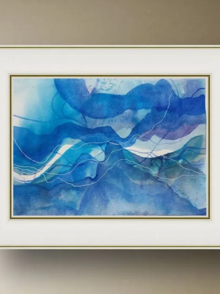 Absract painting original watercolor art blue waves bright painting