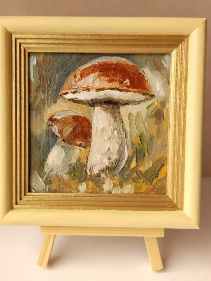 Mushrooms painting original oil art miniature framed ready to hang 4 by 4 forest artwork
