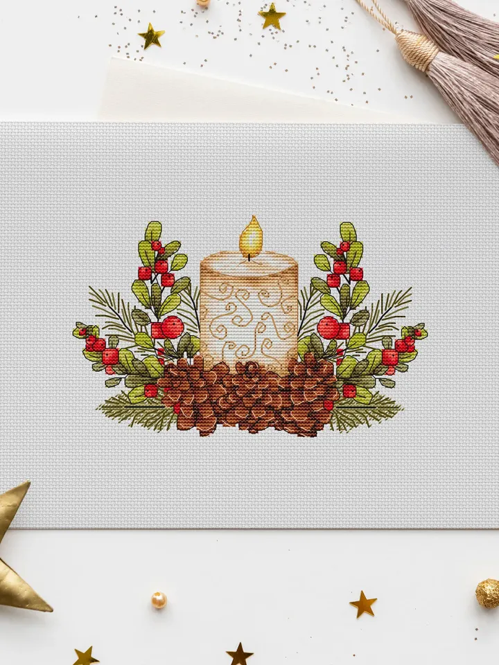 Christmas Candle Cross Stitch Pattern PDF, Winter Cross Stitch Chart Instant Download, New Year Hand Embroidery Pattern