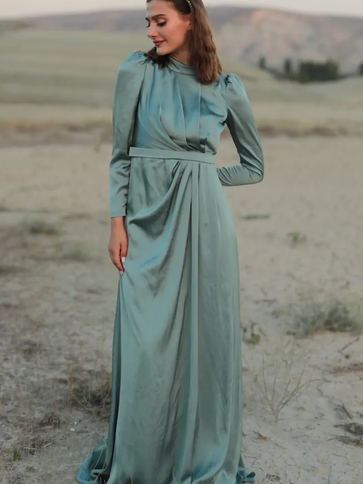 AHUNARE HIJAB - Irem Dress, Satin Dress, Mint Color, Muslim Evening Dress, Nikah, Wedding, Engagement, Bridesmaid, ,