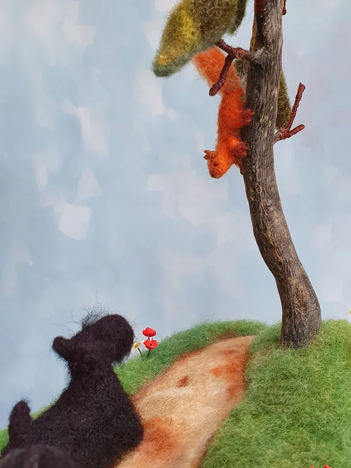 Scotch terrier, squirrel, walk in the woods, diorama with dogs, miniature scotty and squirrel, pine, dry felting composition