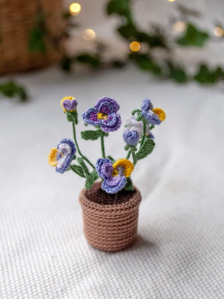 Beautiful miniature PANSY in a pot, Tiny Pansy for Fairy Flower Garden, Purple yellow Pansies crocheted flower
