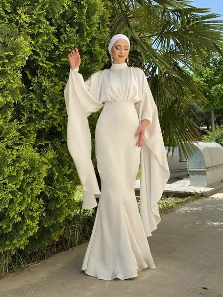 AHUNARE HIJAB - Erva White Mermaid Satin Wedding Dress, Muslim Evening Gown, Nikah, Islamic Wedding, Engagement, Bridesmaid,