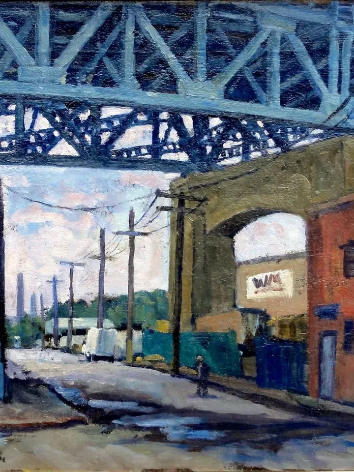 Original Vintage Greenpoint Cityscape Painting - Under the Kosciuszko Bridge/Brooklyn/NYC - 14x18 Oil on Canvas, New York Landscape