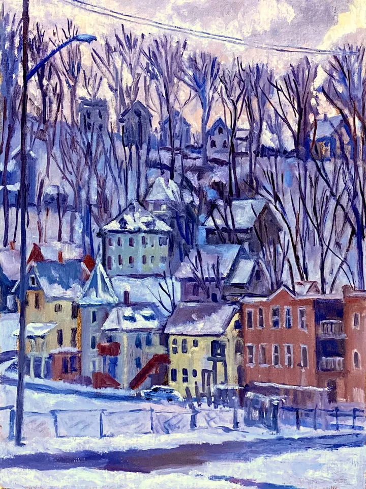 Original Landscape Painting - Winter Light/North Adams - 12x16 Oil on linen, Impressionist Snow Scene, American Cityscape Fine Art