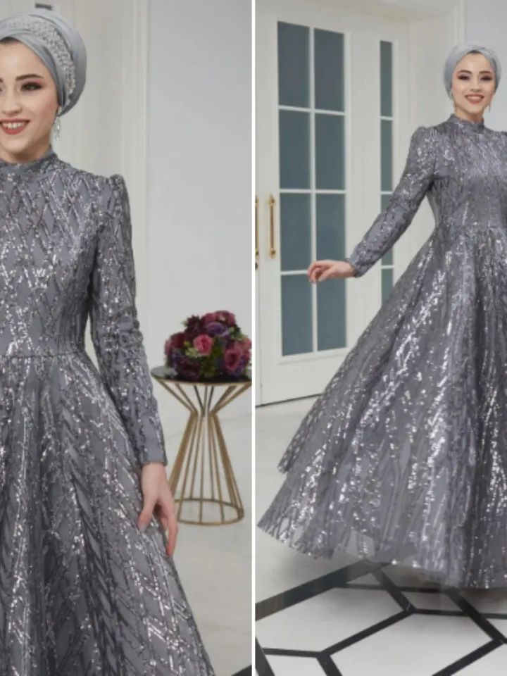 AHUNARE HIJAB - Prenses Grey Embroidered Wedding Dress, Muslim Evening Gown, Nikah, Islamic Wedding, Engagement, Bridesmaid,