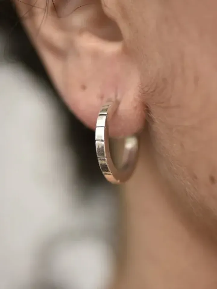 Sterling Silver Square Profile Hoop Earrings with Oxidized Grooves