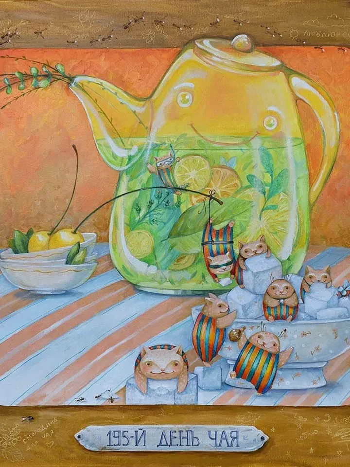 Still life with yellow cherries, teapot and sugar, Crazy Tea Party with fantastic creatures, print on canvas from the original work