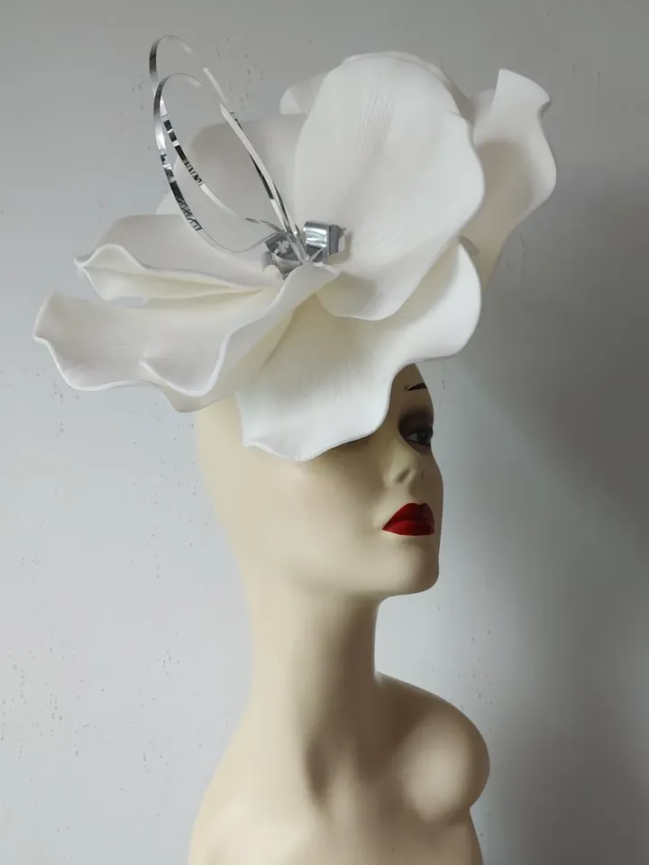 Large flower fascinator White bridal headband Mirror bloom wedding accessory Church Hat custom hat design 2024