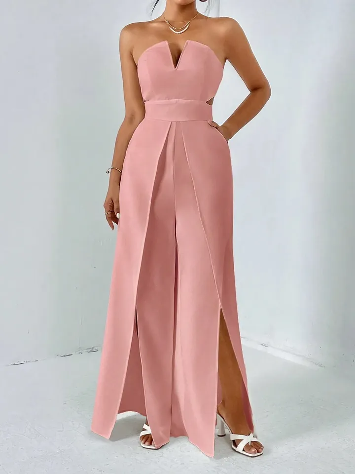 Pink Solid Notched Neck Sleeveless Strapless Split Thigh Leg Tube Jumpsuit Women Ladies Casual Party Evening