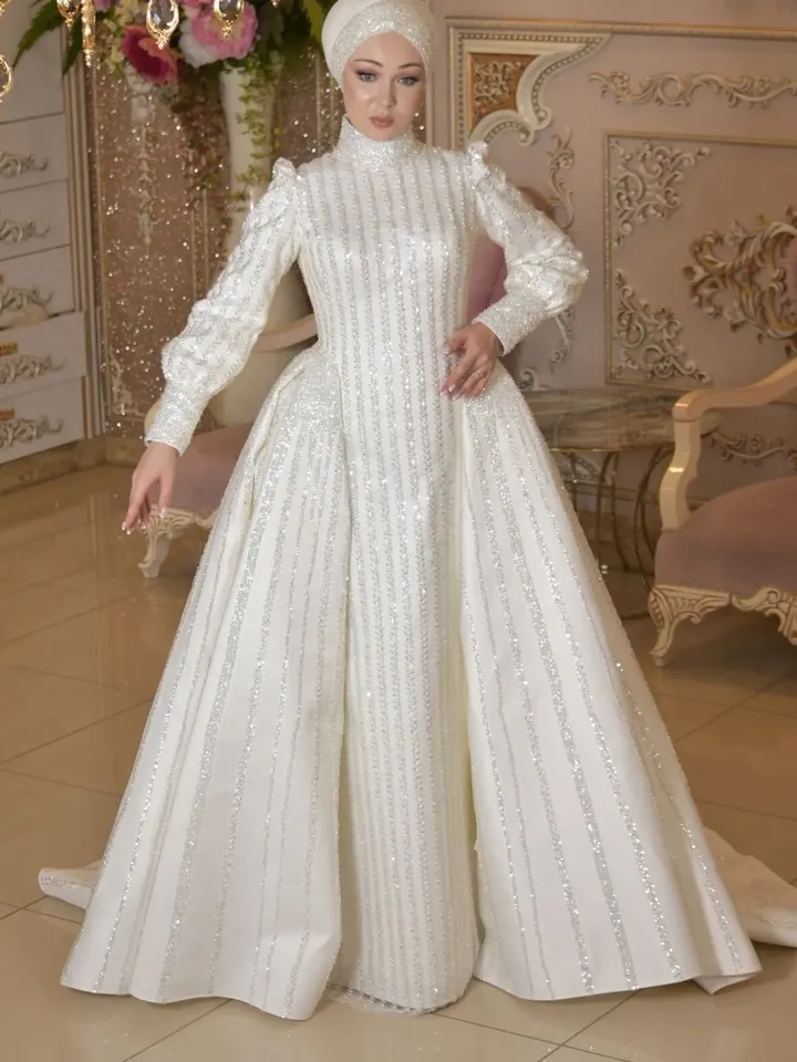 Hatun White Embroidered Bright Peplum Mermaid Wedding Gown, Bridal, Muslim Wedding, Hijab, White Wedding Dress, Islamic Wedding