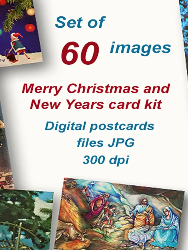 Merry Christmas card kit Digital postcards holiday Printable Christmas cards New Years cards Set of 60 images JPG