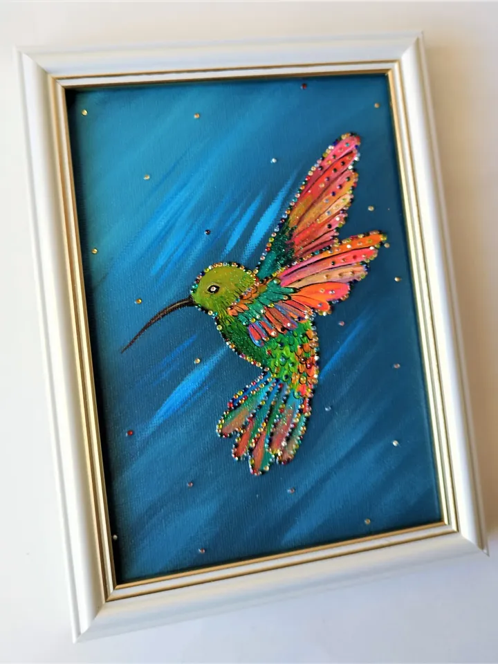Hummingbird Painting Little Bird Original Painting with Crystals Hummingbird Wall Decor Impasto Painting Bird Art Canvas