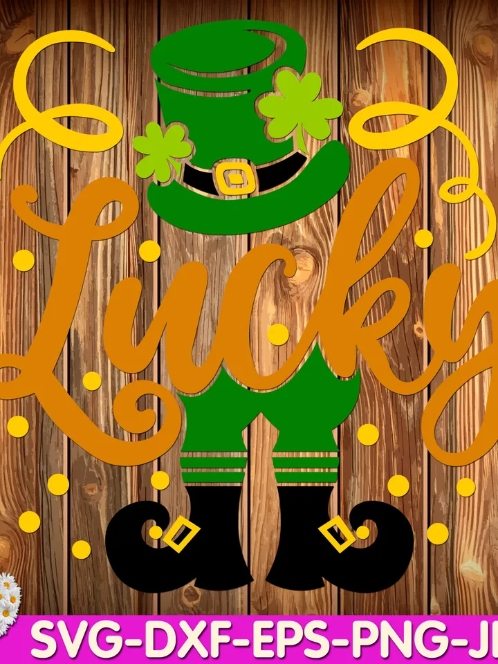 St Patricks Day Lucky Green Shamrock Lucky with Leprechaun Hat digital design Cricut svg dxf eps png ipg pdf, cut file